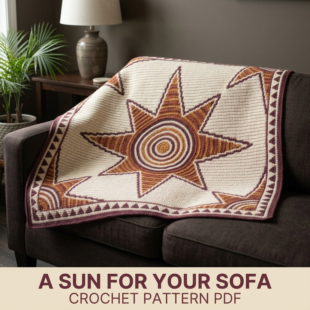 Sun Star Tapestry Crochet Blanket Pattern PDF – Celestial Throw in Mustard, Orange and Plum