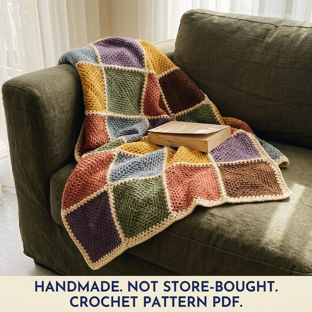 Earthy Granny Patchwork Blanket Crochet Pattern PDF – Solid Granny Square Throw in Autumn Colours