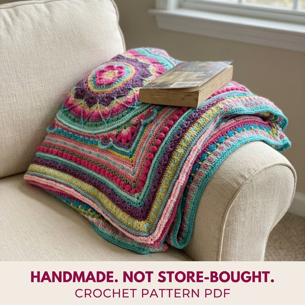 Candy Sunburst Mandala Blanket Crochet Pattern PDF – Bright Textured Square Throw