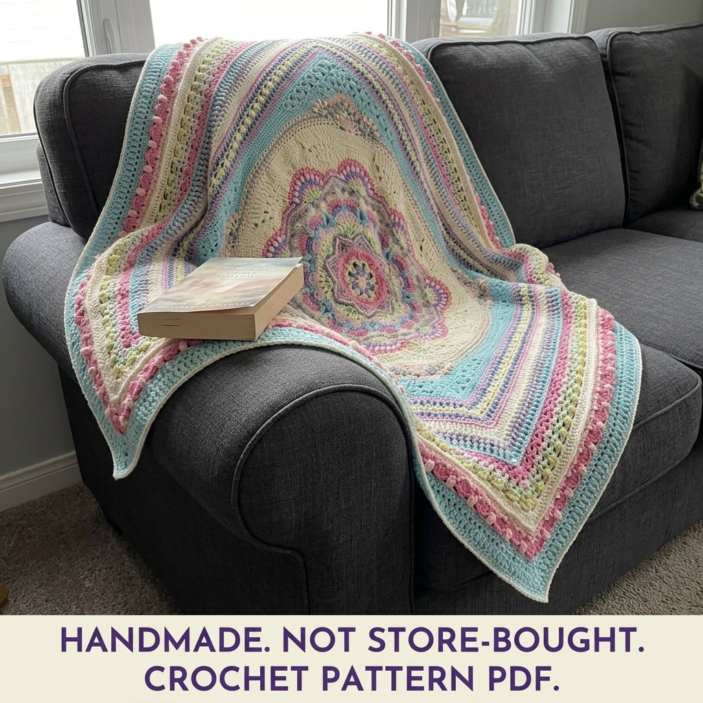 Pastel Rainbow Mandala Blanket Crochet Pattern PDF – Textured Mandala Square Throw