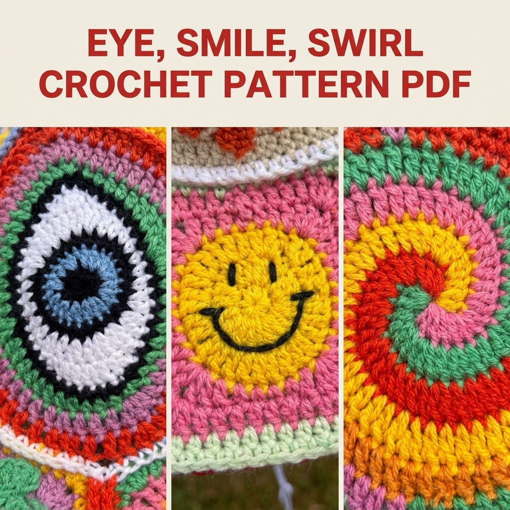 Patchwork Bucket Hat Crochet Pattern PDF – Motif Panels with Smiley and Evil Eye