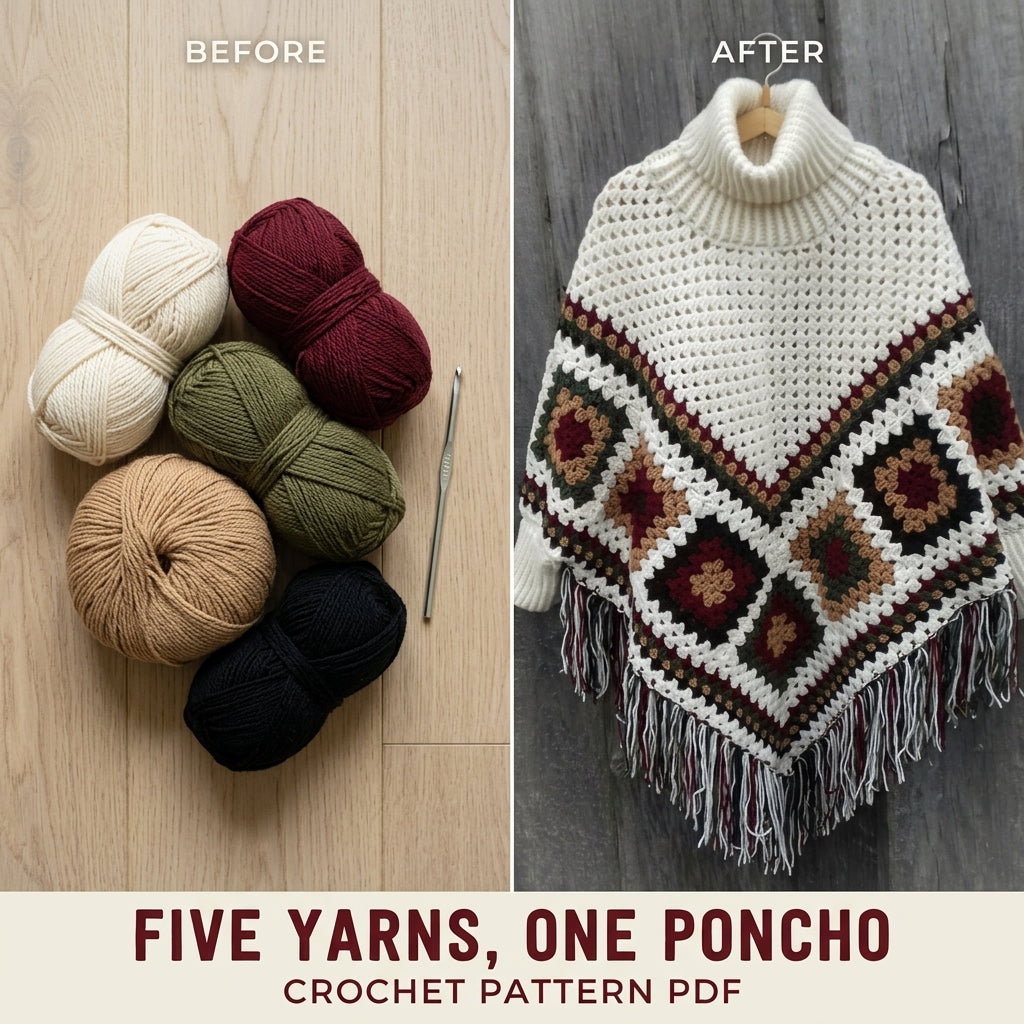 Turtleneck Granny Poncho Crochet Pattern PDF – Women's Poncho with Sleeves and Fringe