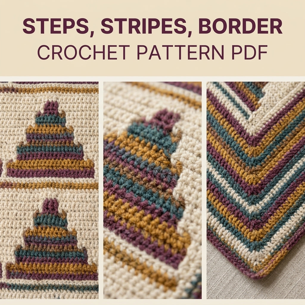 Stepped Pyramid Mosaic Crochet Blanket Pattern PDF – Striped Triangle Throw in Plum, Mustard and Teal