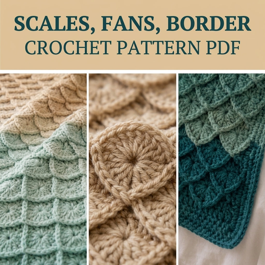 Mermaid Scale Crochet Blanket Pattern PDF – Textured 3D Scales Throw in Teal and Sand