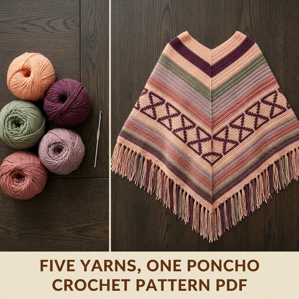 Hourglass Rose Poncho Crochet Pattern PDF – Boho Fringe Poncho with Colourwork Band