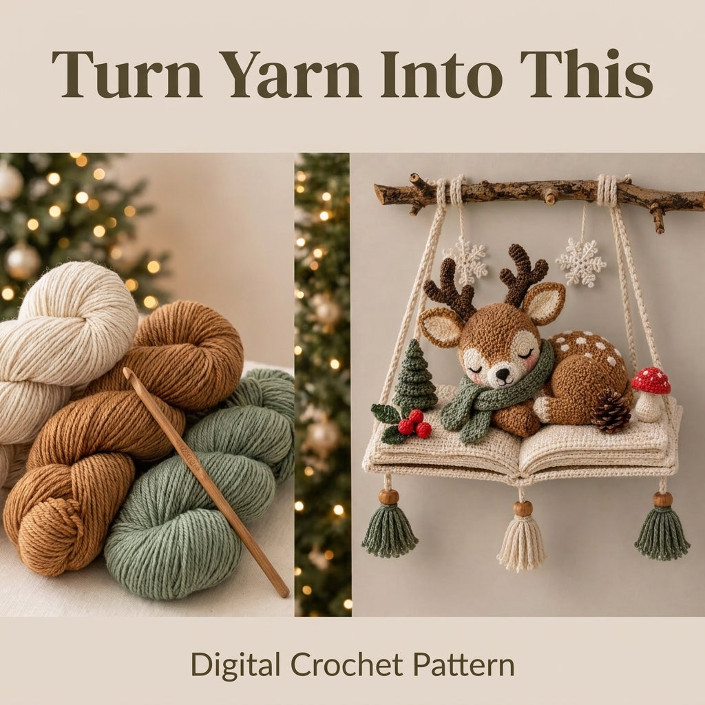 Christmas Wall Hanging Crochet Pattern — Sleeping Deer Scene on an Open Book with Tassels, US Terms, PDF Download