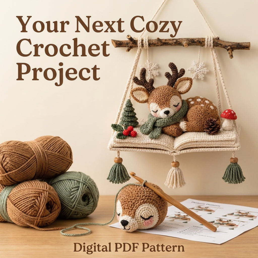 Christmas Wall Hanging Crochet Pattern — Sleeping Deer Scene on an Open Book with Tassels, US Terms, PDF Download