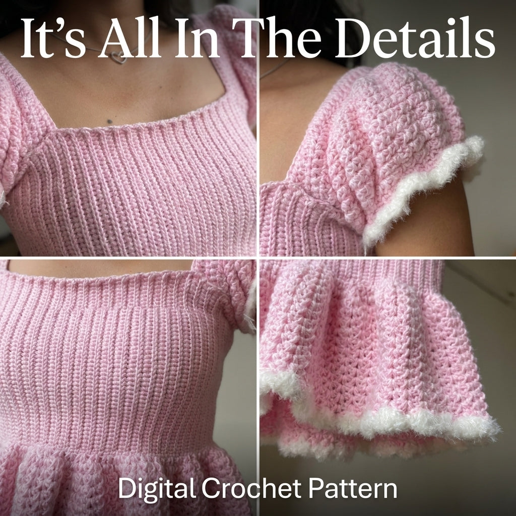 Peplum Crochet Top Pattern | Square Neck Puff Sleeve Ribbed Bodice | Sizes XS–[XX] | PDF Instant Download