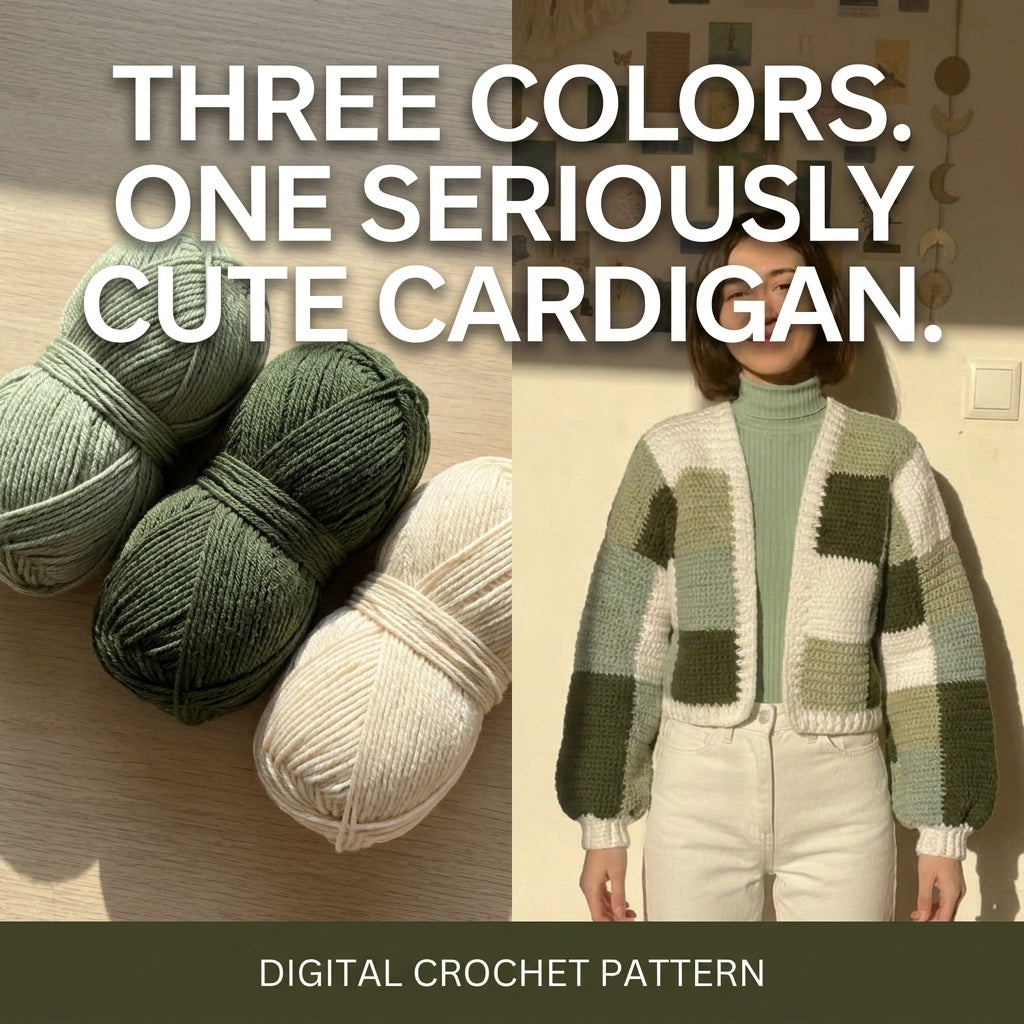 Checkerboard Crochet Cardigan Pattern | Cropped Colour Block Cardigan in Green & Cream | Sizes XS–[XX] | PDF Instant Download