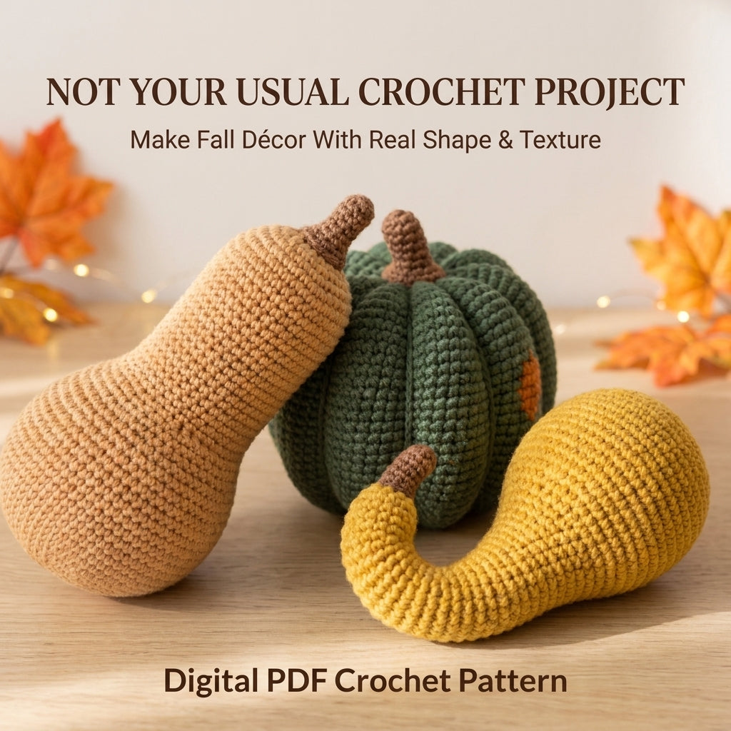 Crochet Gourd and Squash Pattern – Harvest Décor Trio (Butternut, Pumpkin, Gooseneck)