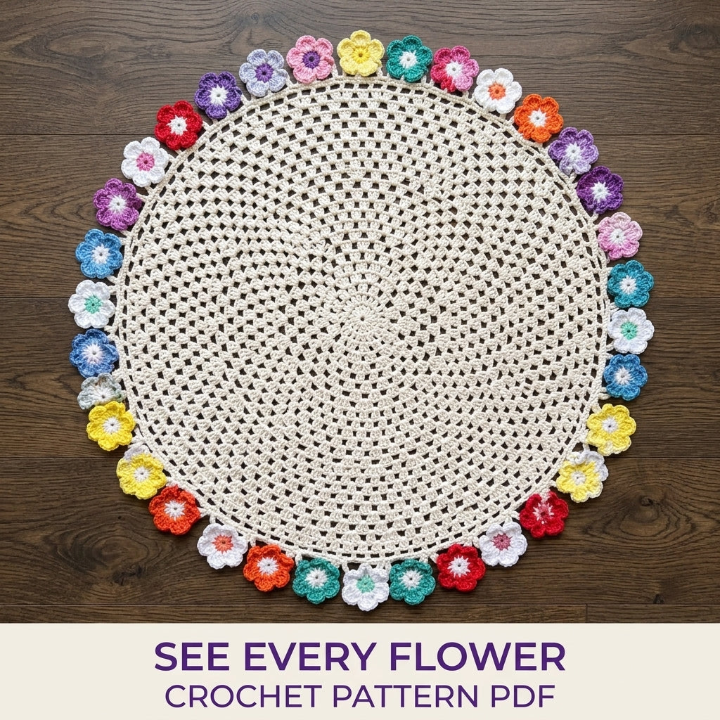 Rainbow Flower Edge Table Topper Crochet Pattern PDF – Round Doily