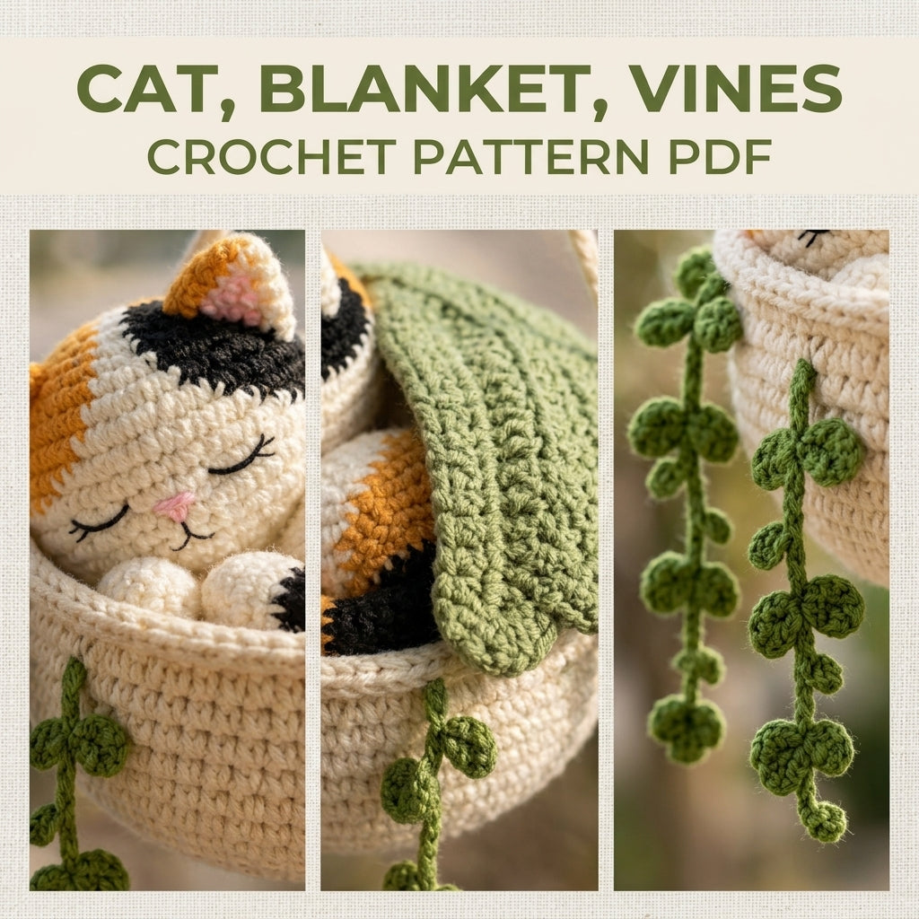 Sleeping Cat Basket Car Charm Crochet Pattern PDF – Rear View Mirror Hanging