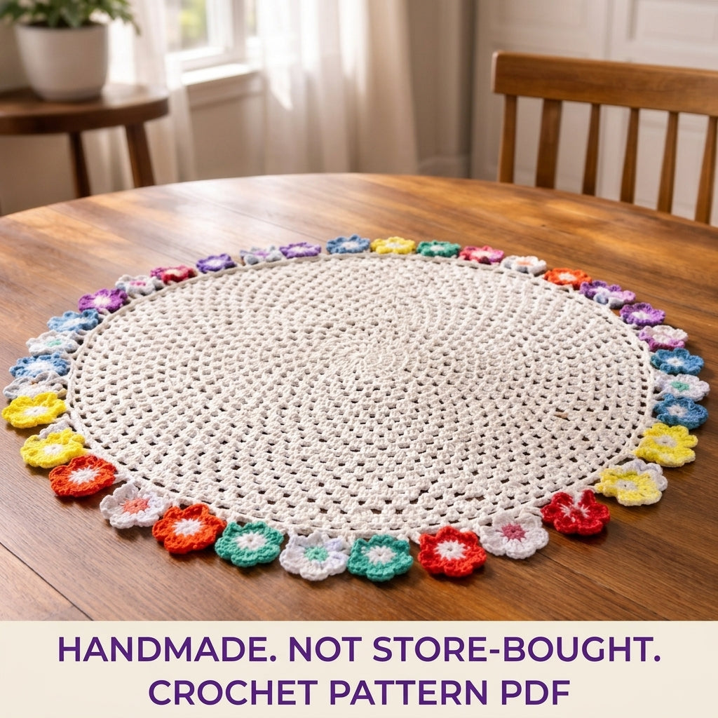 Rainbow Flower Edge Table Topper Crochet Pattern PDF – Round Doily