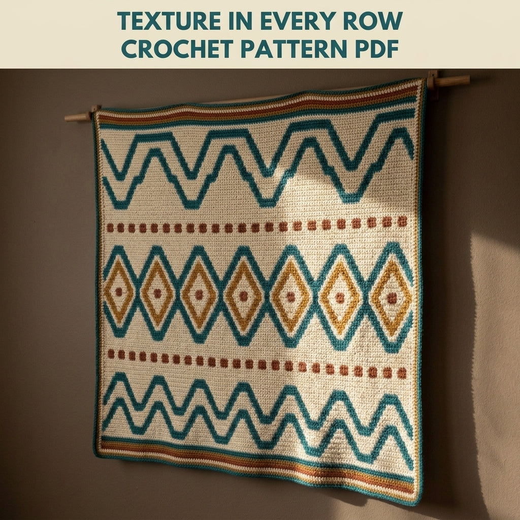 Lozenge Tapestry Crochet Wall Hanging Pattern PDF – Waves and Diamonds in Teal, Mustard and Rust