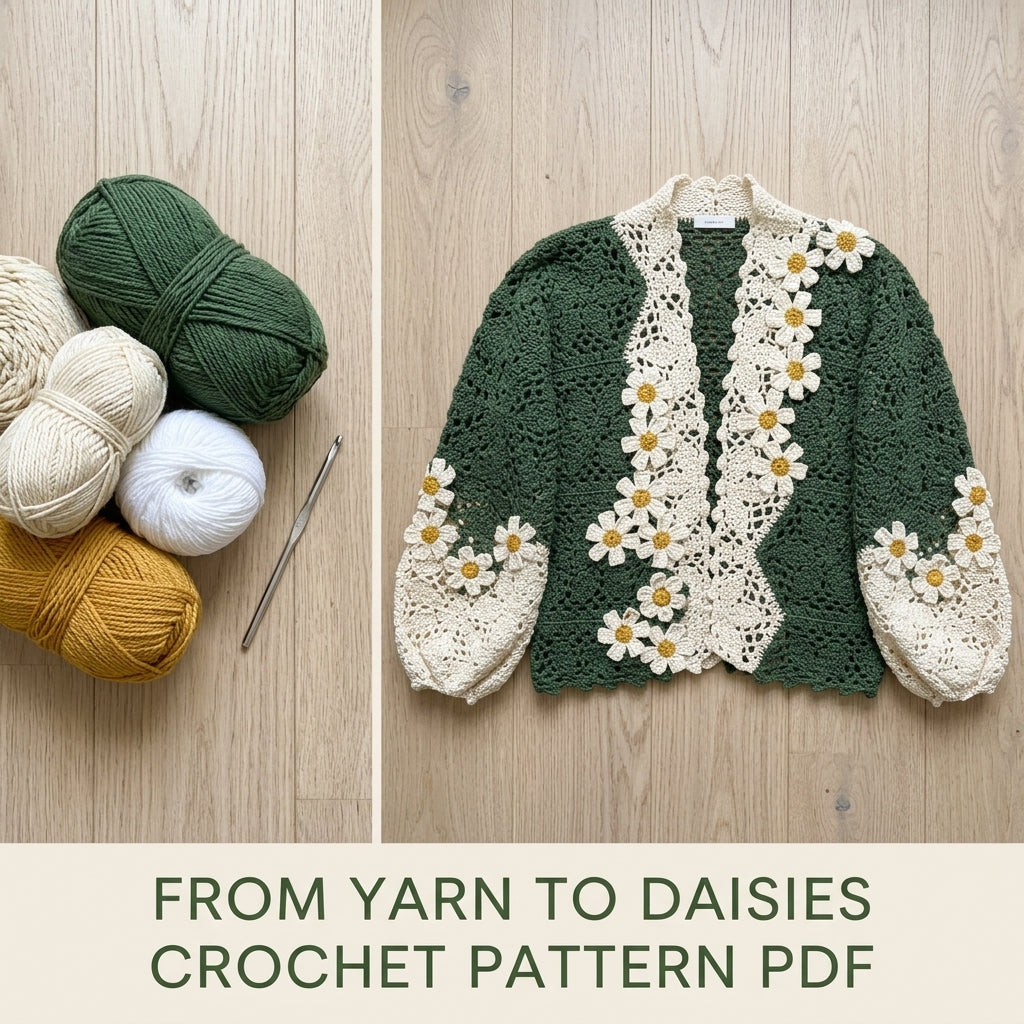 Daisy Cardigan Crochet Pattern PDF – Green and Cream Lace Cardigan