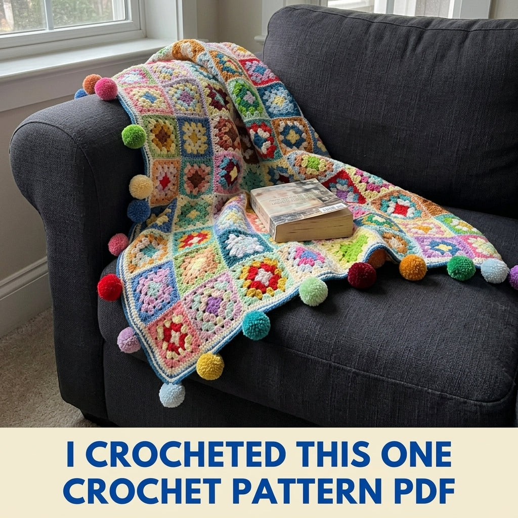 Rainbow Granny Square Pompom Blanket Crochet Pattern PDF – Scrap Throw with Pompoms