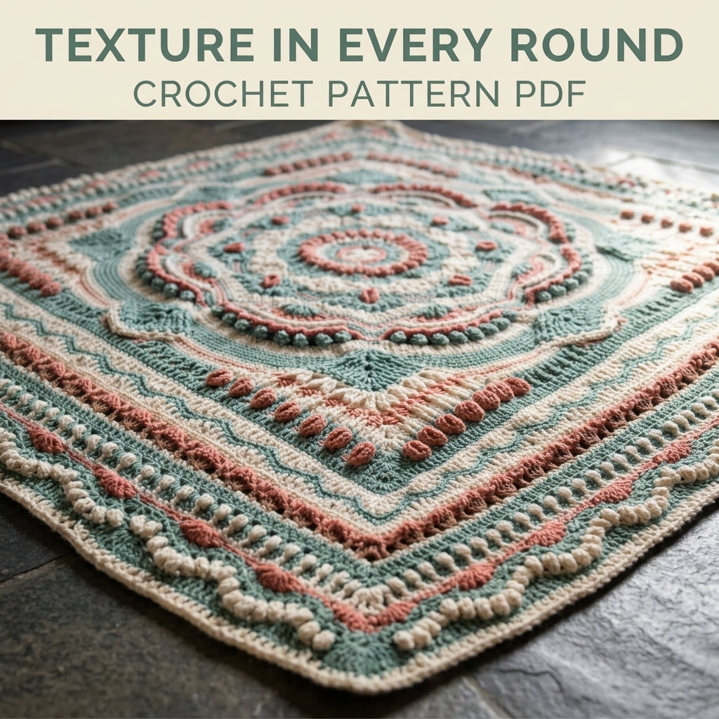 Sage Bloom Textured Crochet Blanket Pattern PDF – Sage, Cream and Coral Bobble Mandala Throw