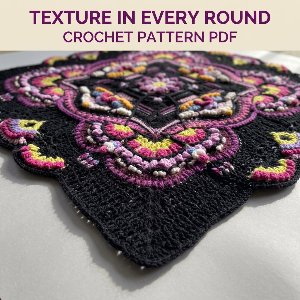 Midnight Bloom Crochet Blanket Pattern PDF – Textured Mandala Throw on Black