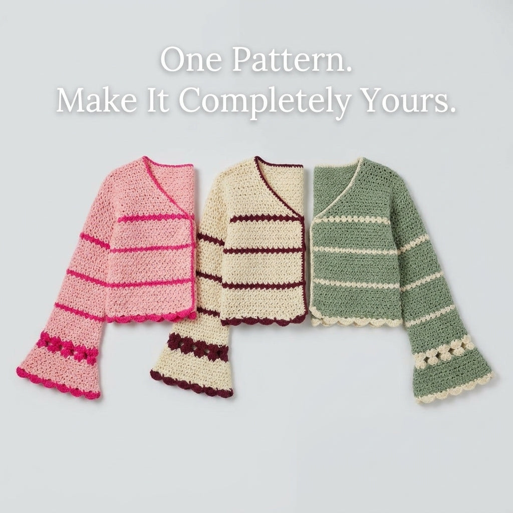 Striped Crochet Cardigan Pattern | Cropped Bolero with Flared Bell Sleeves | Picot Edging | Sizes XS–[XX] | PDF Instant Download