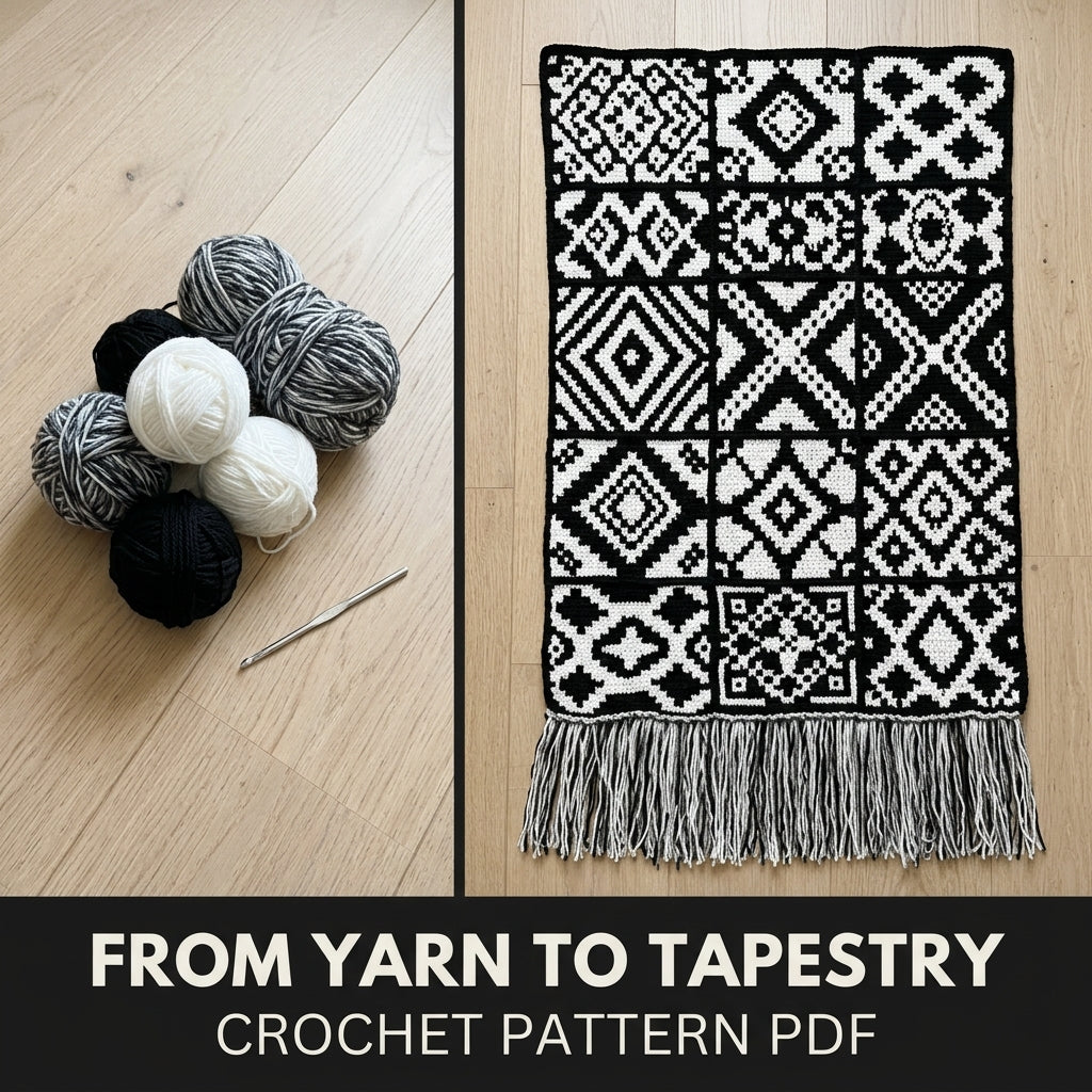 Geometric Tapestry Wall Hanging Crochet Pattern PDF – Black and White Wall Decor