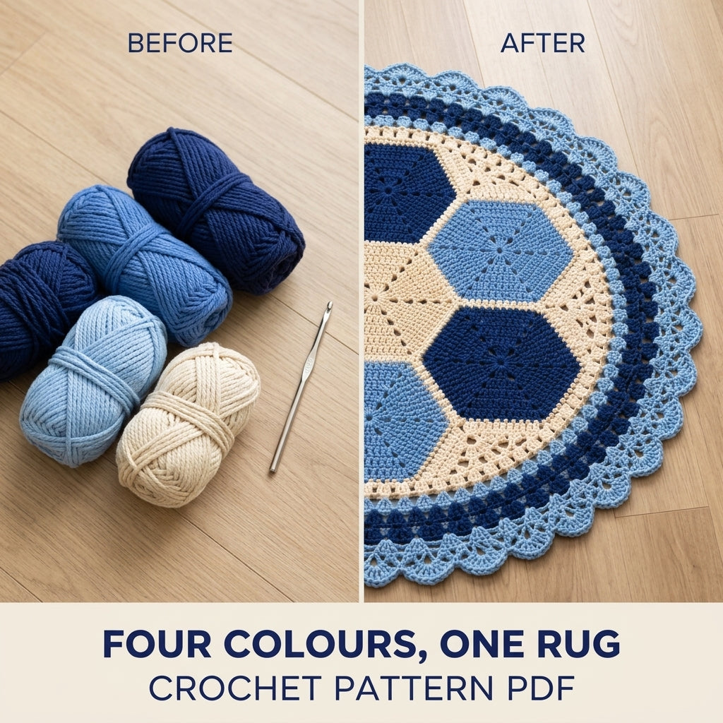 Blue Hexagon Round Rug Crochet Pattern PDF – Navy and Cream Round Rug