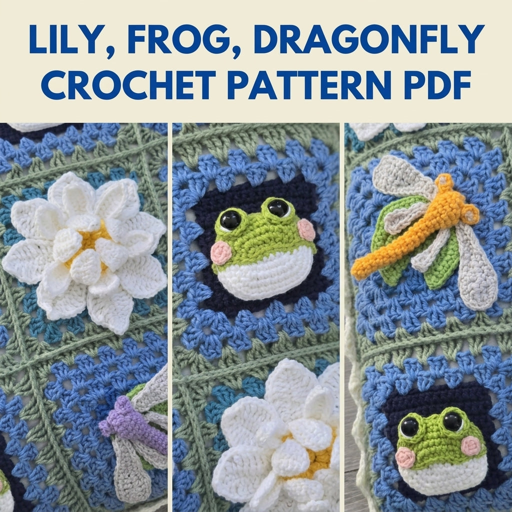 Lily Pond Granny Square Cushion Crochet Pattern PDF – Frogs, Dragonflies and Water Lilies