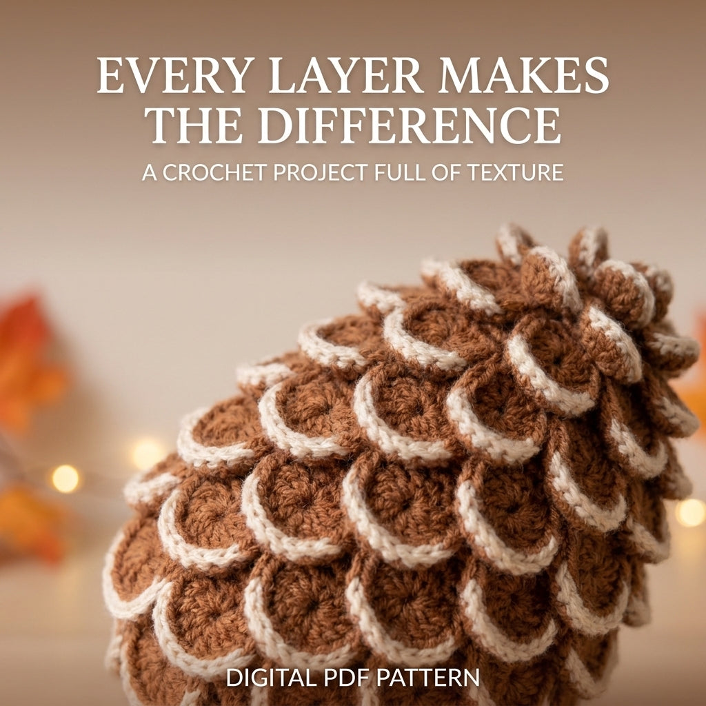 Crochet Pine Cone Pattern – 3 Sizes, Snow-Tipped Scales, Fall to Christmas Décor