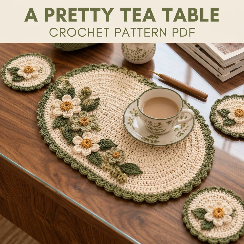 Daisy Placemat and Coaster Set Crochet Pattern PDF – Table Mat with 3D Flowers