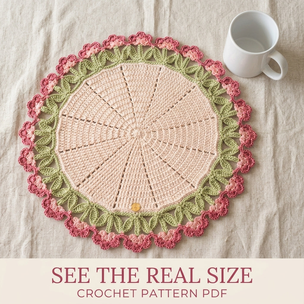 Rose Tulip Edge Placemat Crochet Pattern PDF – Round Table Mat with Flower Edge