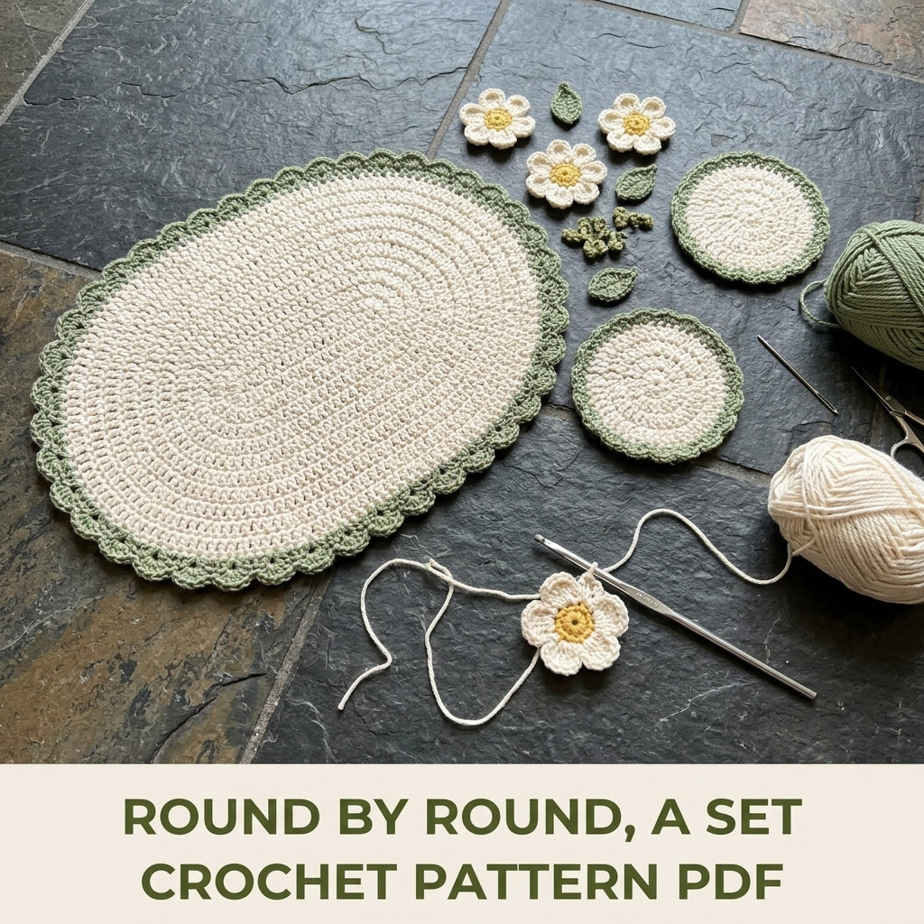 Daisy Placemat and Coaster Set Crochet Pattern PDF – Table Mat with 3D Flowers