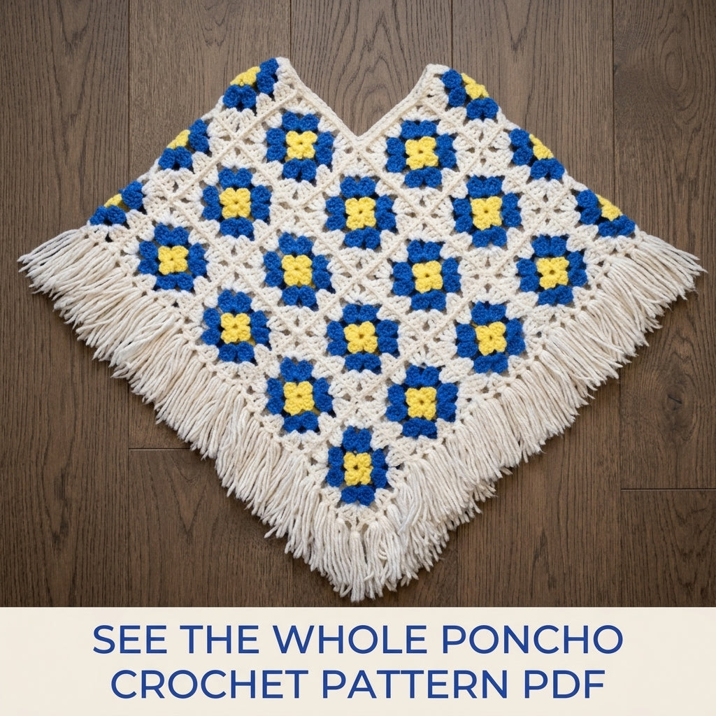 Blue and Yellow Granny Crochet Pattern PDF – Retro Flower Motif Poncho with Fringe