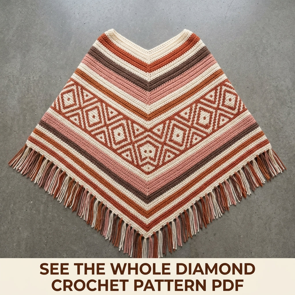 Terracotta Diamond Poncho Crochet Pattern PDF – Boho Fringe Poncho with Mosaic Colourwork Band