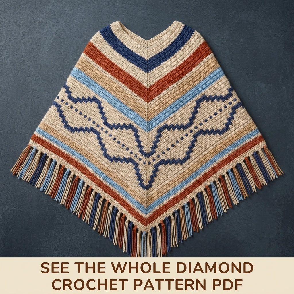 Desert Wave Poncho Crochet Pattern PDF – Boho Fringe Poncho with Mosaic Colourwork Band