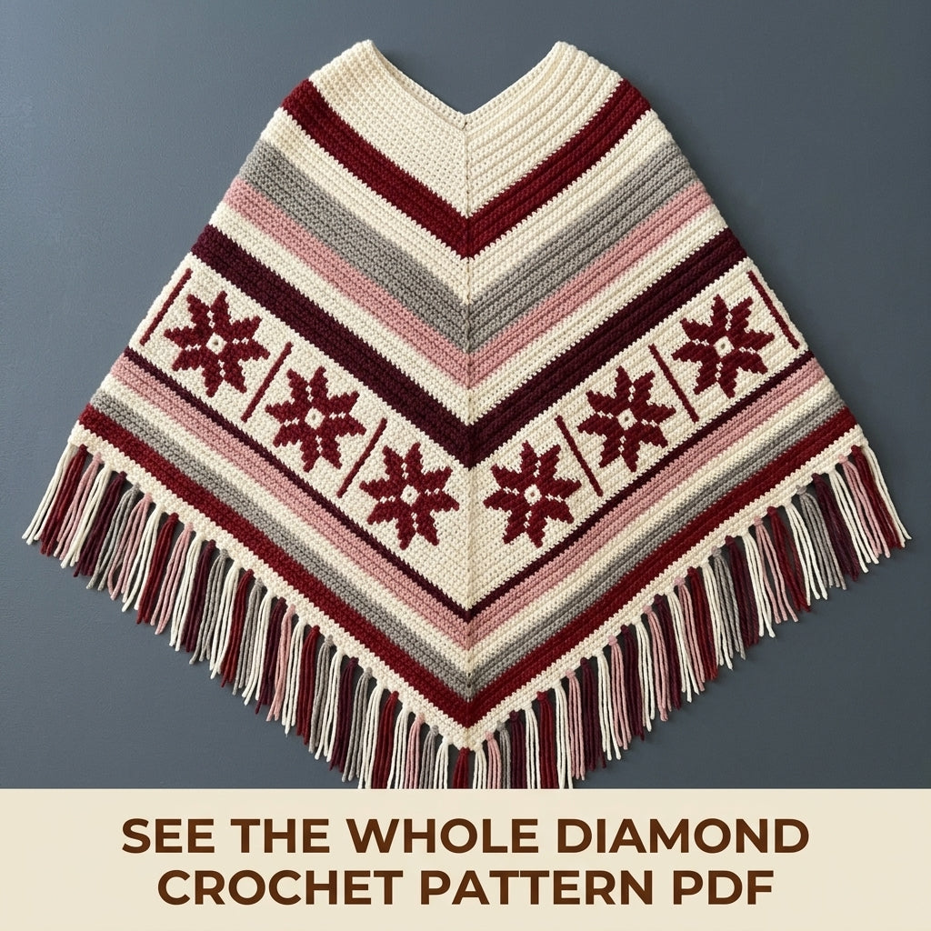 Burgundy Star Poncho Crochet Pattern PDF – Boho Fringe Poncho with Colourwork Band