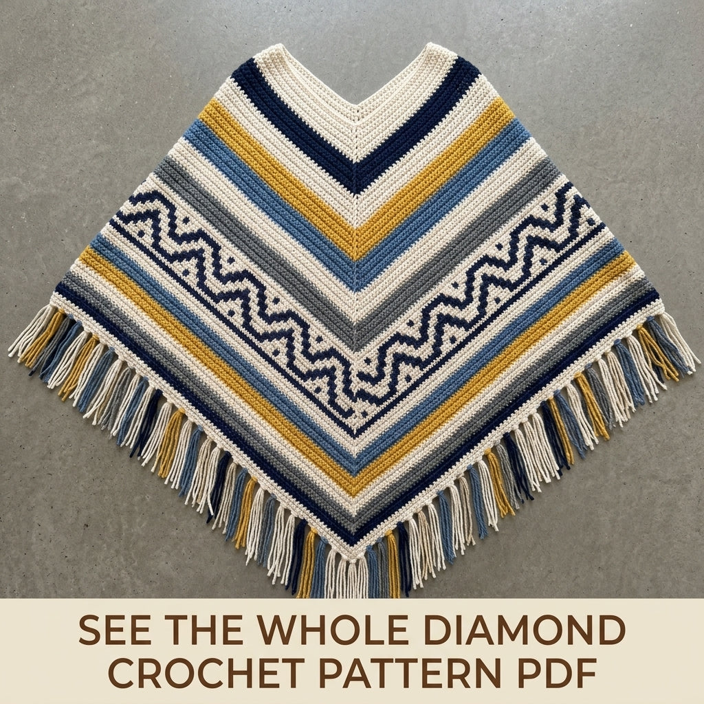 Denim Zigzag Poncho Crochet Pattern PDF – Boho Fringe Poncho with Colourwork Band