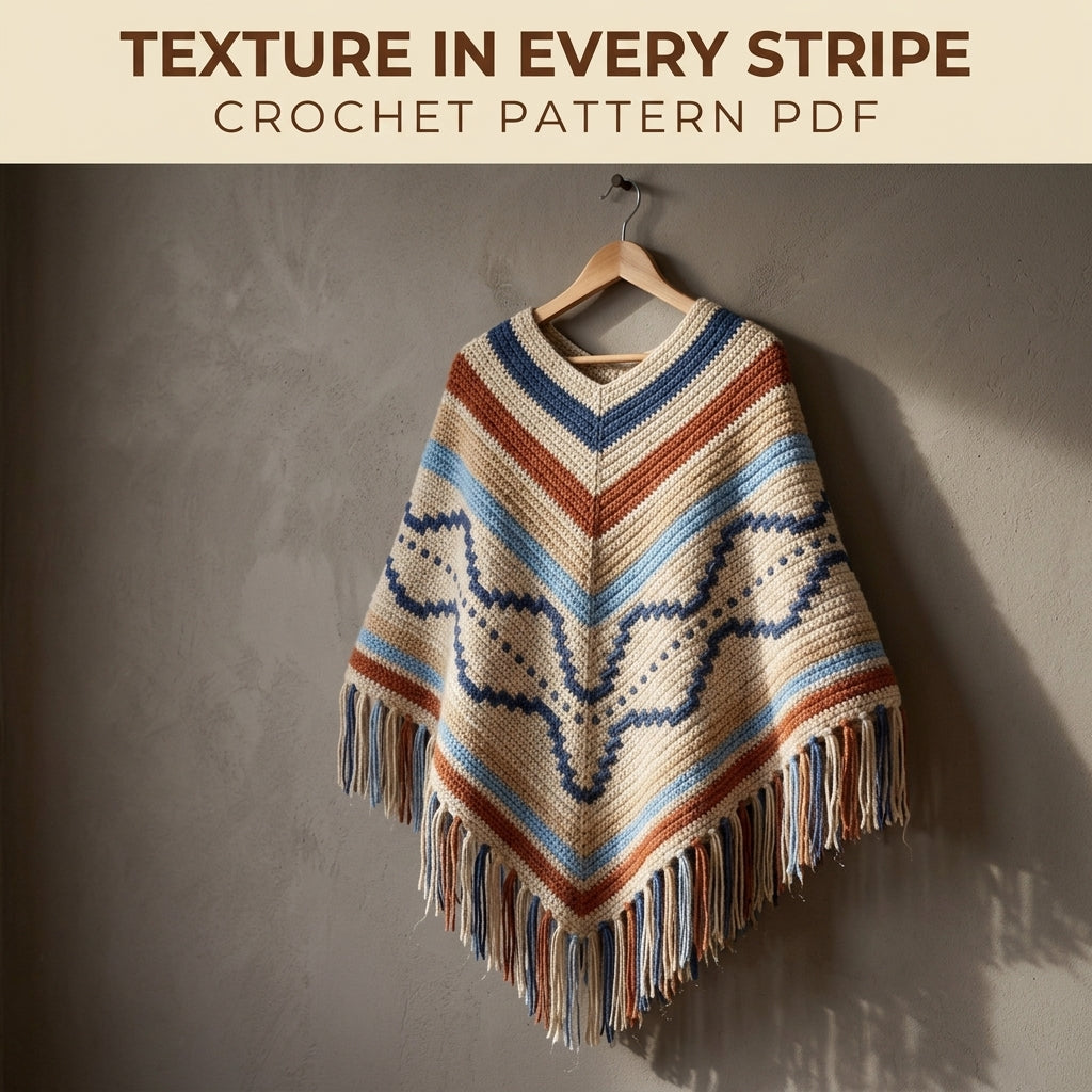 Desert Wave Poncho Crochet Pattern PDF – Boho Fringe Poncho with Mosaic Colourwork Band