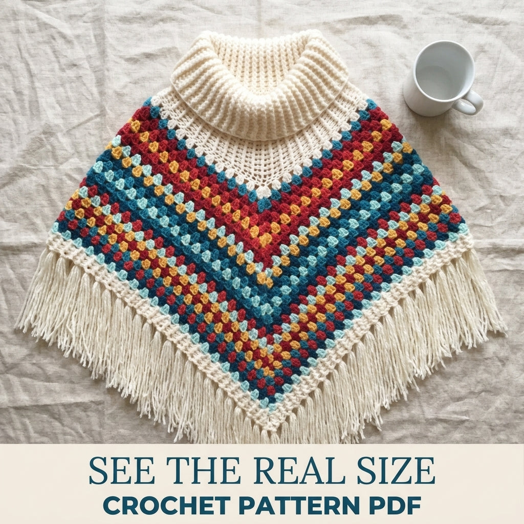 Cowl Neck Granny Stripe Poncho Crochet Pattern PDF – Easy Fringe Poncho
