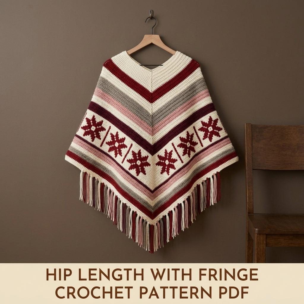 Burgundy Star Poncho Crochet Pattern PDF – Boho Fringe Poncho with Colourwork Band