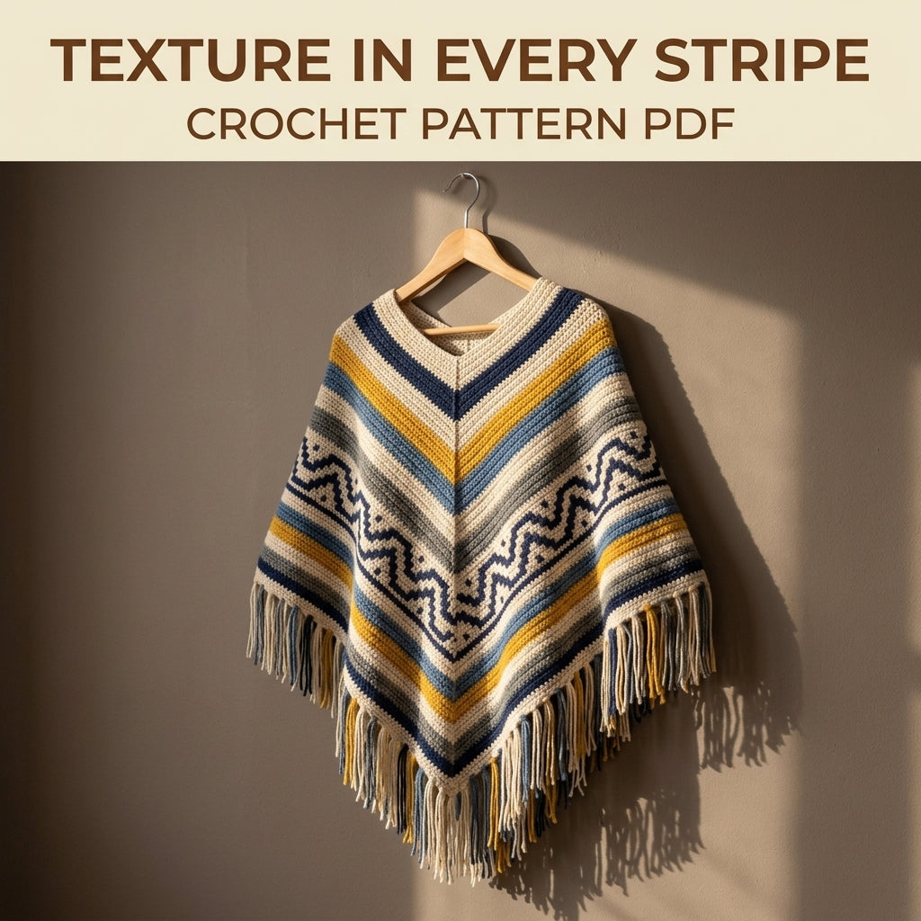 Denim Zigzag Poncho Crochet Pattern PDF – Boho Fringe Poncho with Colourwork Band