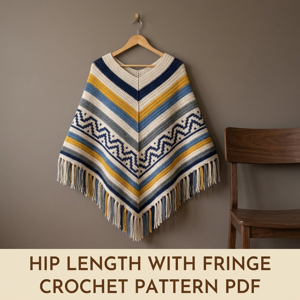 Denim Zigzag Poncho Crochet Pattern PDF – Boho Fringe Poncho with Colourwork Band