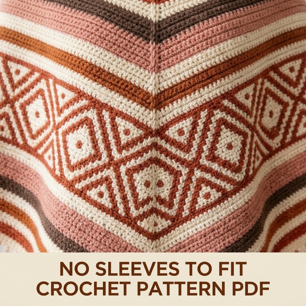 Terracotta Diamond Poncho Crochet Pattern PDF – Boho Fringe Poncho with Mosaic Colourwork Band