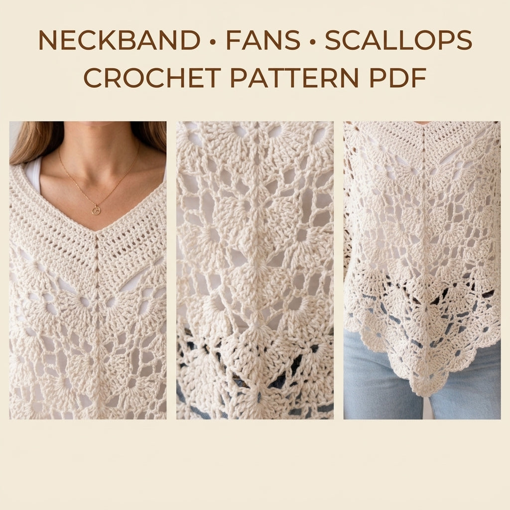 Lace Poncho Crochet Pattern PDF – V-Neck Fan Lace Poncho with Scalloped Hem