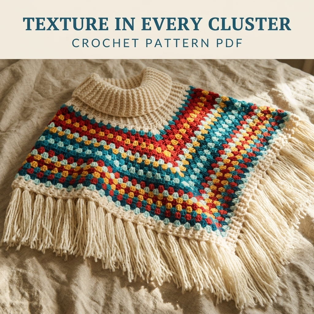 Cowl Neck Granny Stripe Poncho Crochet Pattern PDF – Easy Fringe Poncho