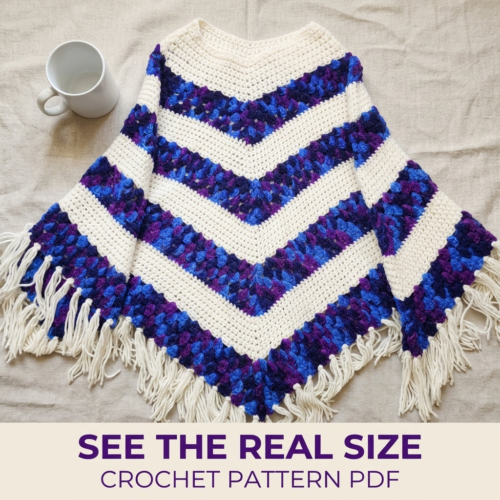 Purple Chevron Poncho Crochet Pattern PDF – Purple and Cream Fringe Poncho