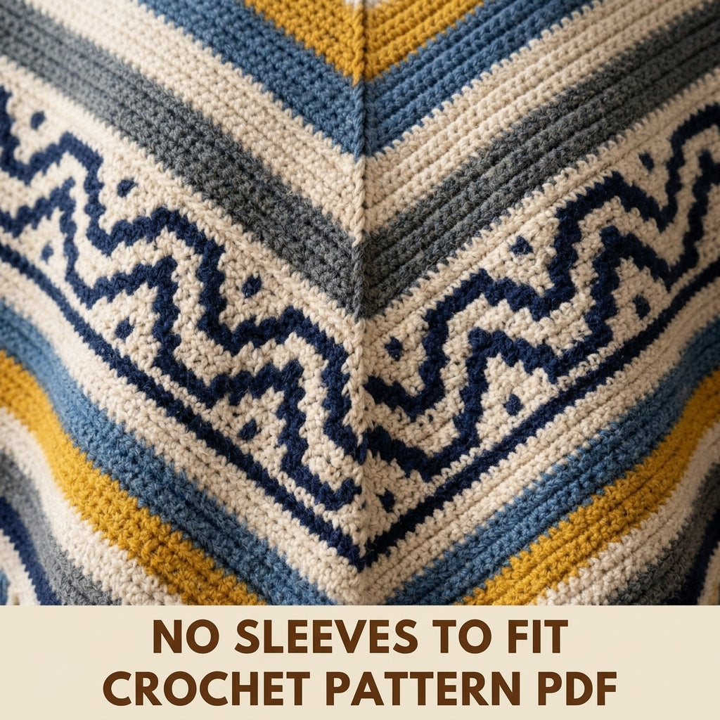 Denim Zigzag Poncho Crochet Pattern PDF – Boho Fringe Poncho with Colourwork Band