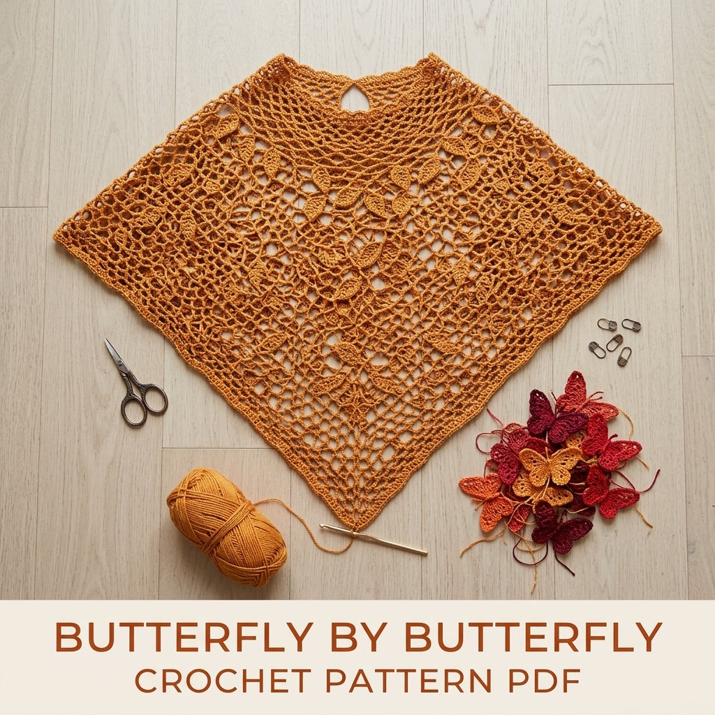 Autumn Butterfly Shawl Crochet Pattern PDF – Lace Net Shawl with Butterflies