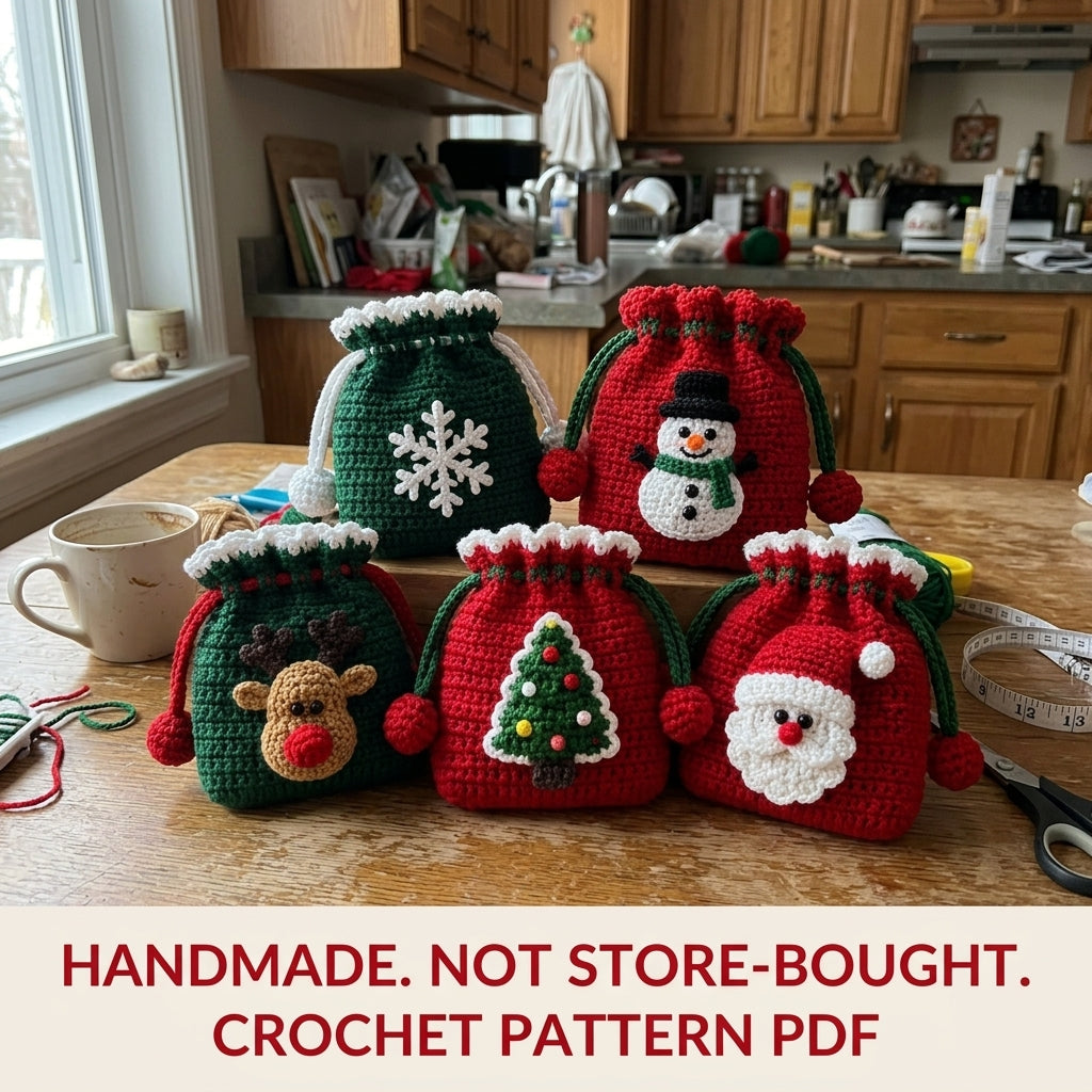 Christmas Drawstring Pouch Set Crochet Pattern PDF – Five Gift Bags