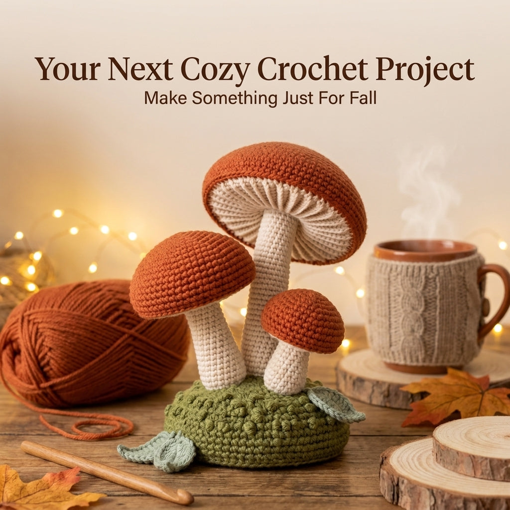 Crochet Mushroom Pattern – Mushroom Cluster on a Moss Base, Cottagecore Décor