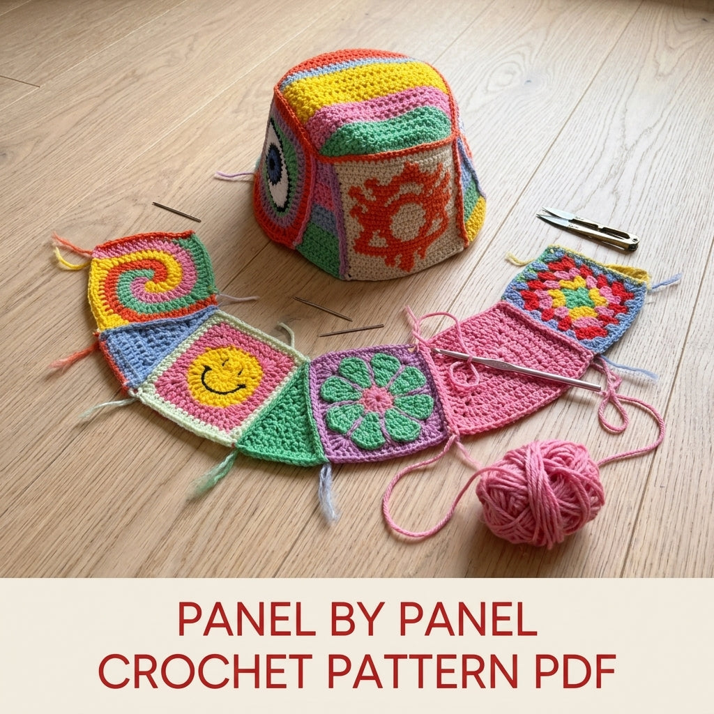 Patchwork Bucket Hat Crochet Pattern PDF – Motif Panels with Smiley and Evil Eye