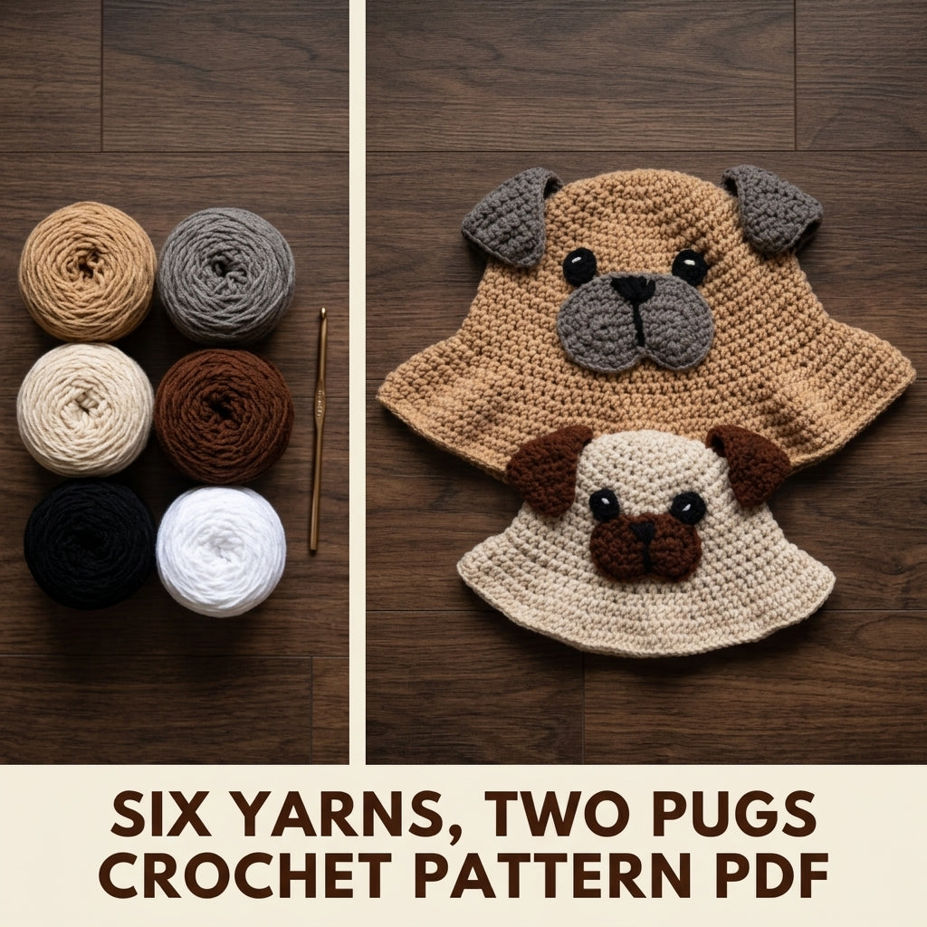 Pug Bucket Hat Crochet Pattern PDF – Matching Adult and Child Dog Face Hats